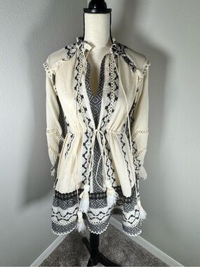 Hemant & Nandita Moira Boho Mini Dress NWT Black Cream Embroidered XS